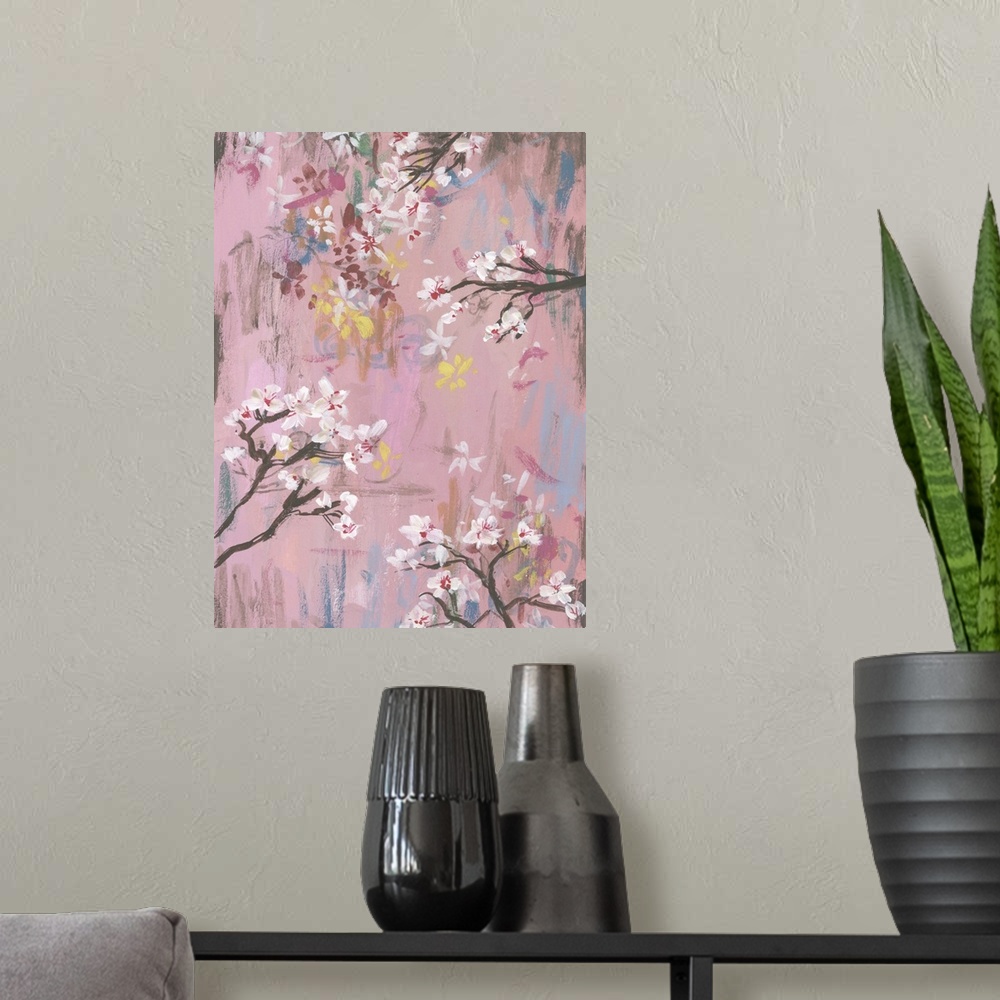A modern room featuring Cherry blossom branches on a pink background.