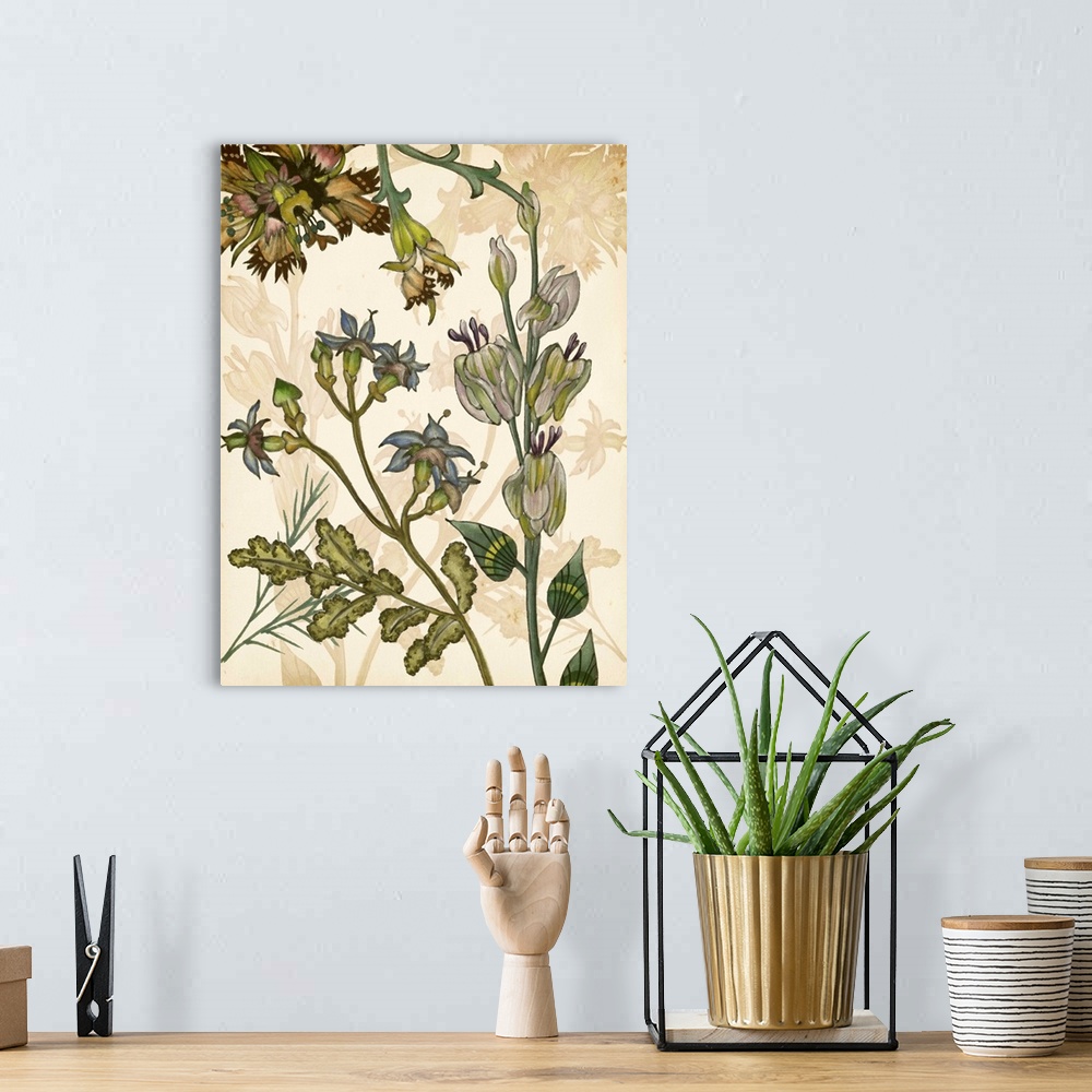 A bohemian room featuring Contemporary artwork of garden flowers in muted shades against a beige floral background.