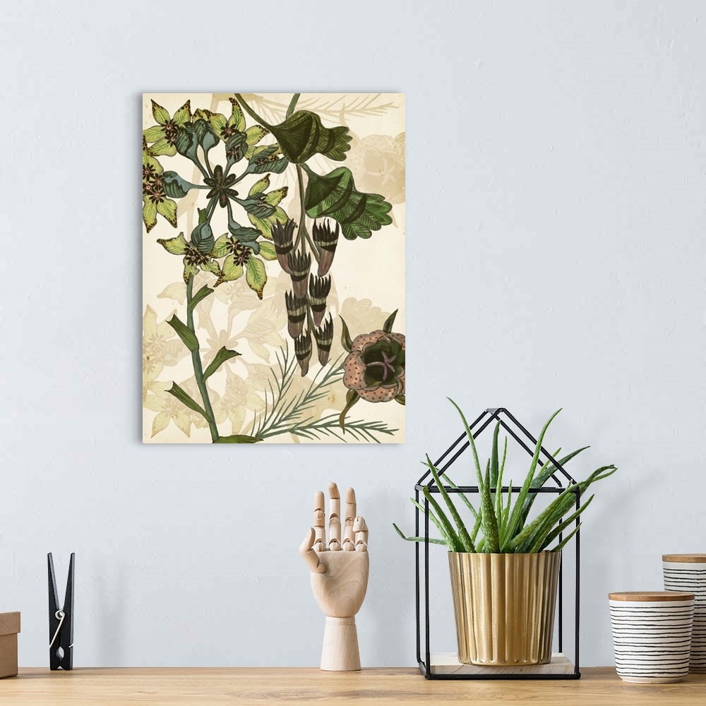 A bohemian room featuring Contemporary artwork of garden flowers in muted shades against a beige floral background.