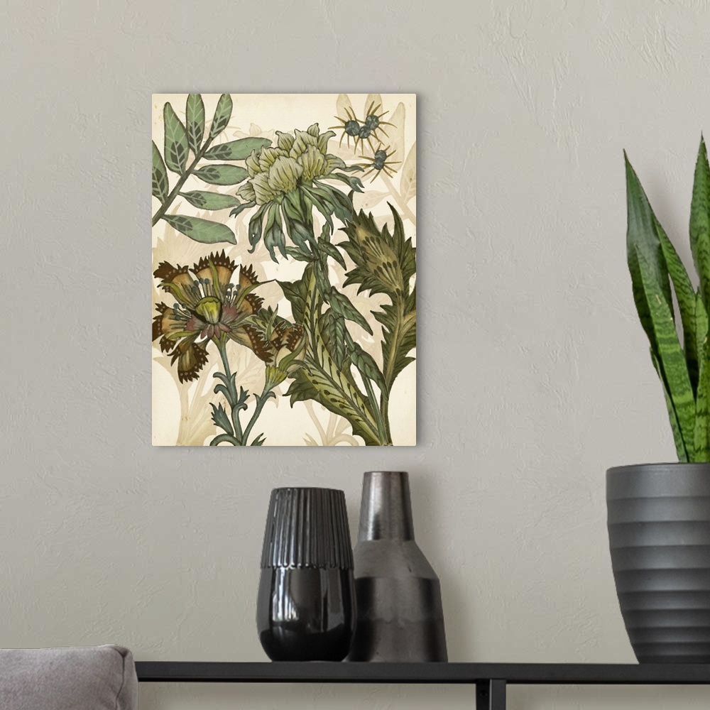A modern room featuring Contemporary artwork of garden flowers in muted shades against a beige floral background.