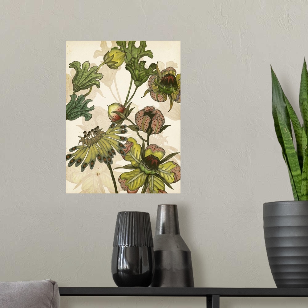 A modern room featuring Contemporary artwork of garden flowers in muted shades against a beige floral background.