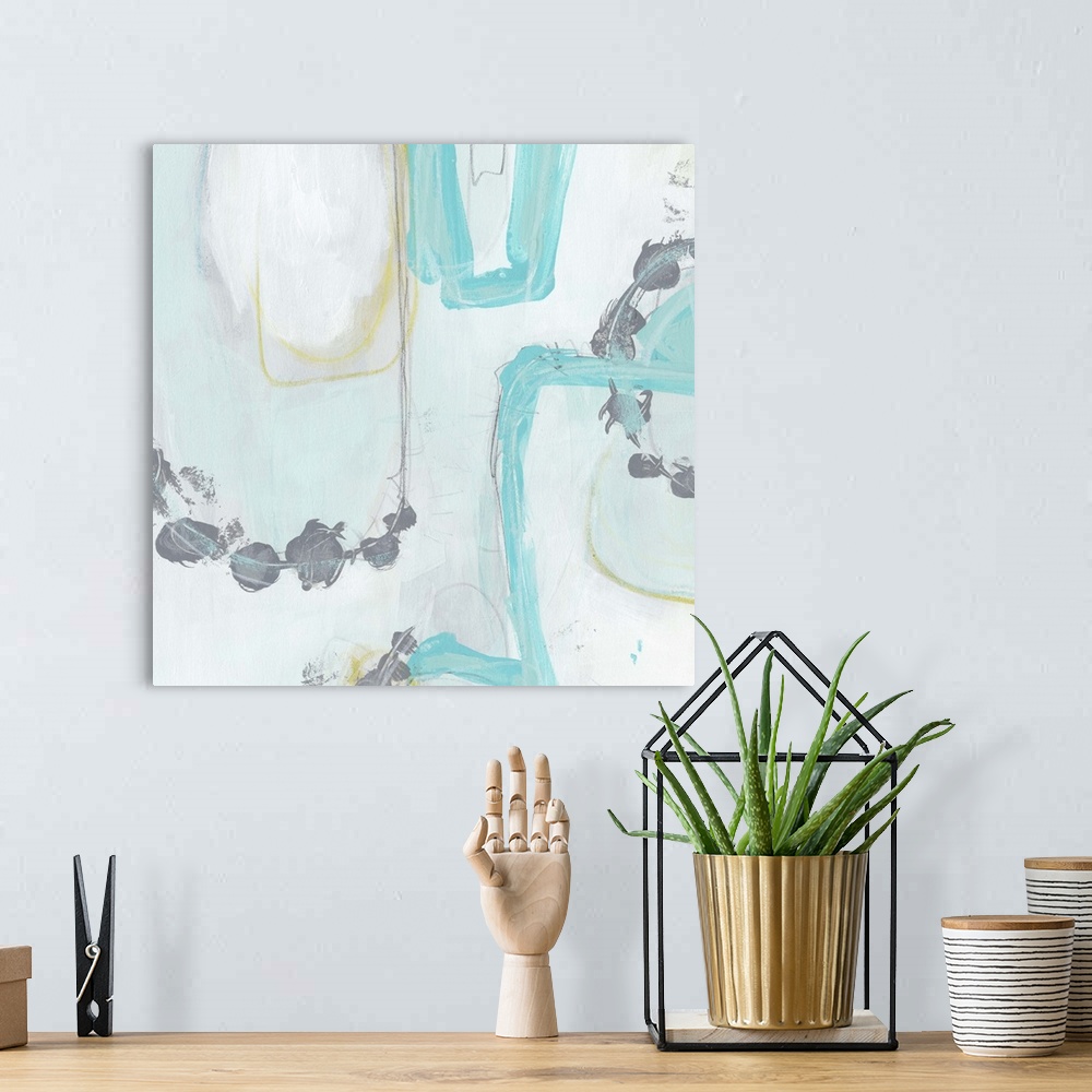 A bohemian room featuring Abstract painting of turquoise loops and grey dots on a hazy watercolor background.