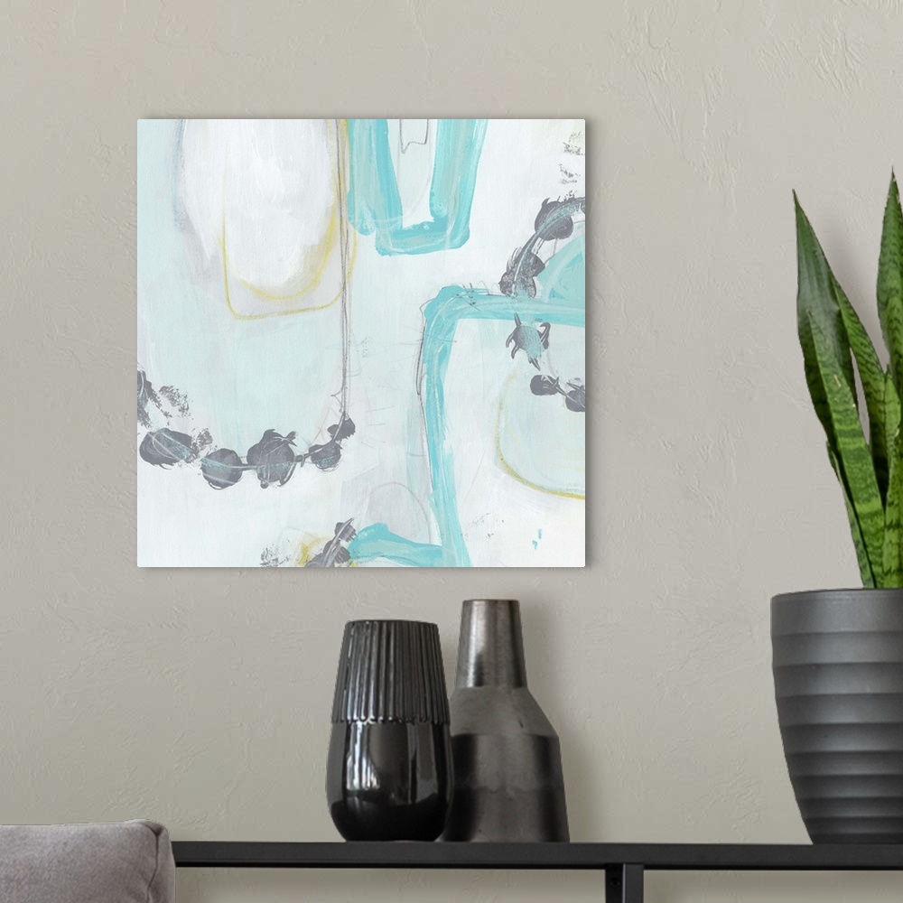 A modern room featuring Abstract painting of turquoise loops and grey dots on a hazy watercolor background.