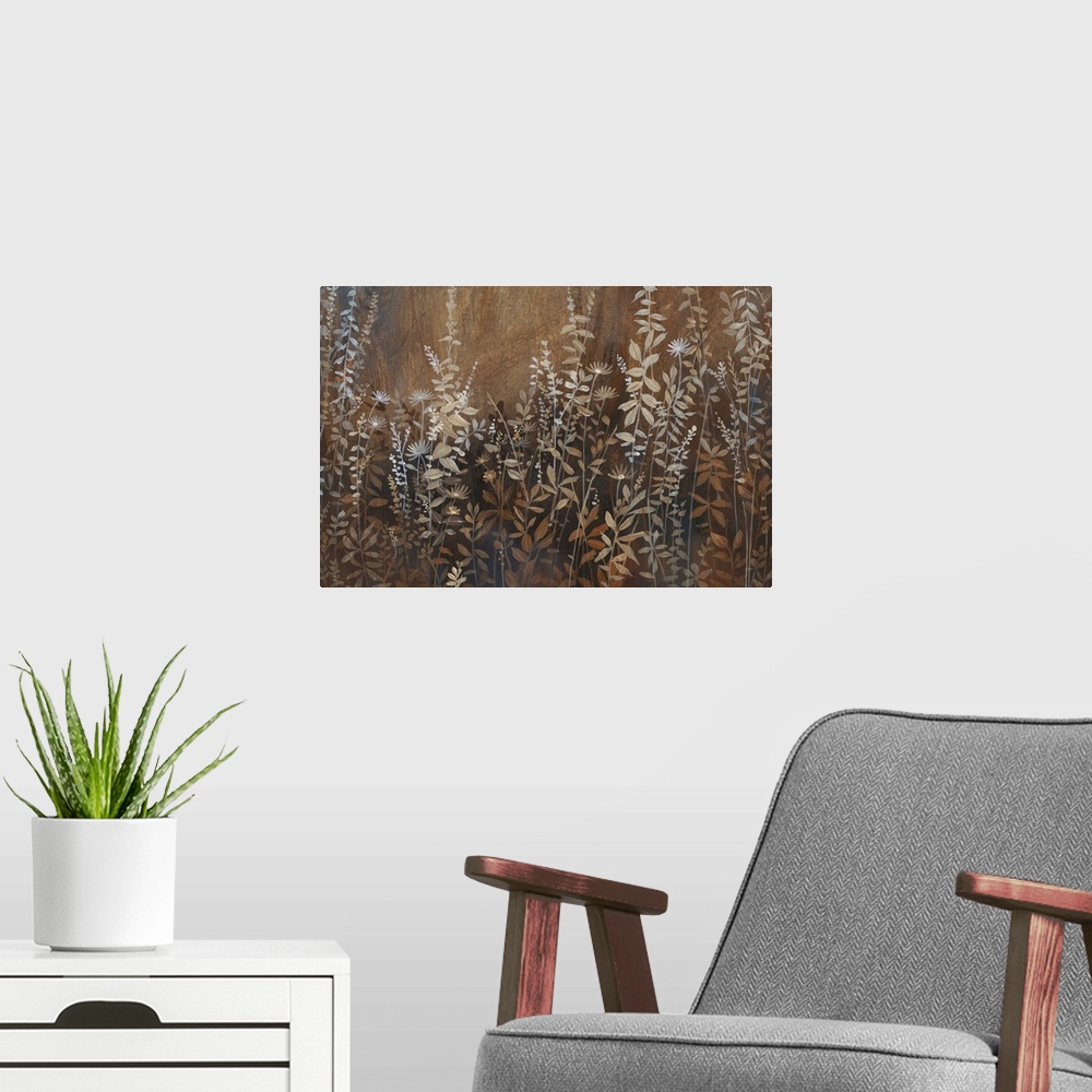 A modern room featuring A field full of wild flowers and plants in muted brown earth tones.