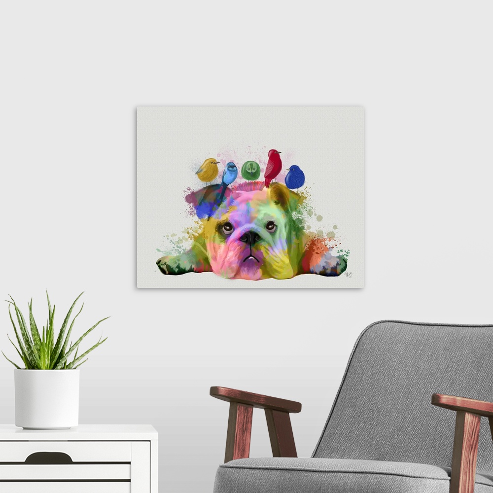 A modern room featuring English Bulldog and Birds, Rainbow Splash