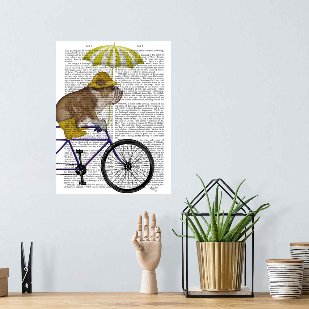 A bohemian room featuring Decorative artwork with an English Bulldog wearing yellow rain gear and riding a bicycle, painted...
