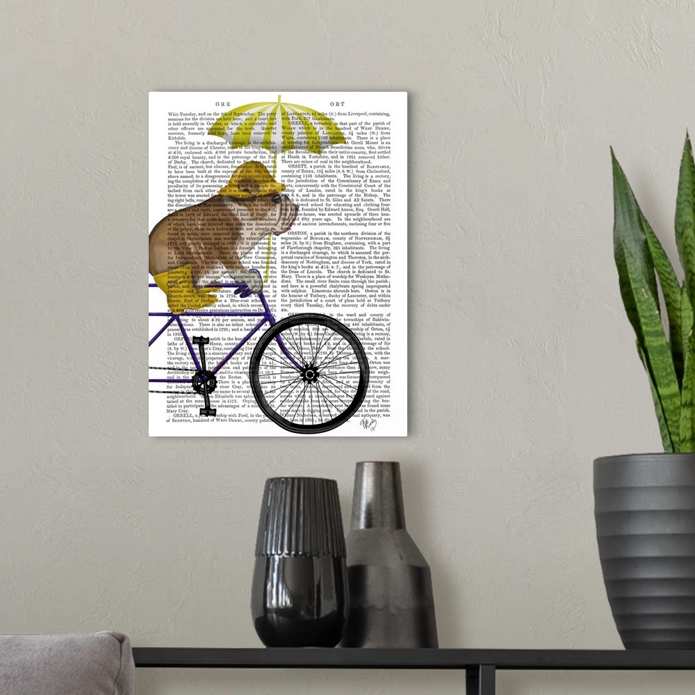 A modern room featuring Decorative artwork with an English Bulldog wearing yellow rain gear and riding a bicycle, painted...
