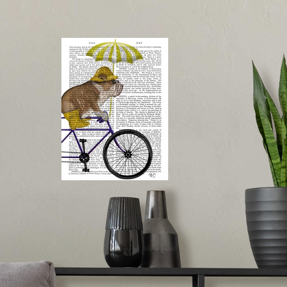 A modern room featuring Decorative artwork with an English Bulldog wearing yellow rain gear and riding a bicycle, painted...