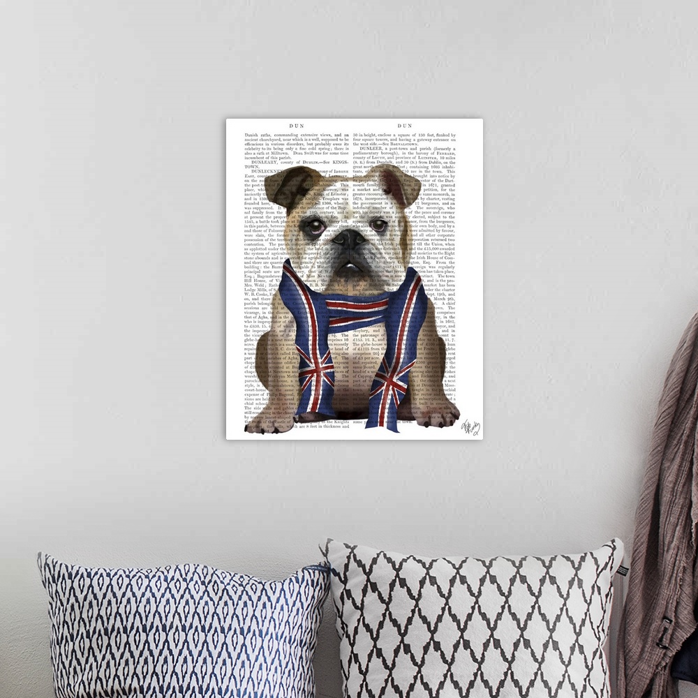 A bohemian room featuring Decorative art with a bulldog wearing a British scarf painted on the page of a book.