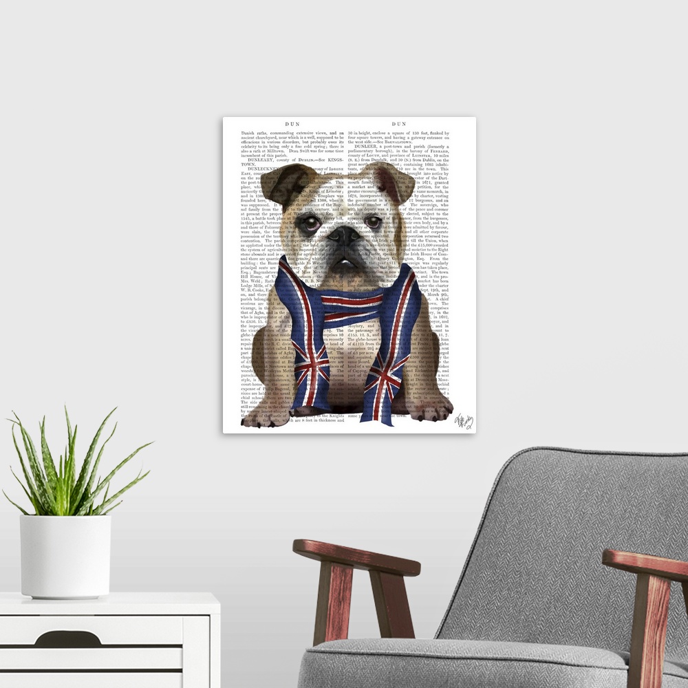 A modern room featuring Decorative art with a bulldog wearing a British scarf painted on the page of a book.