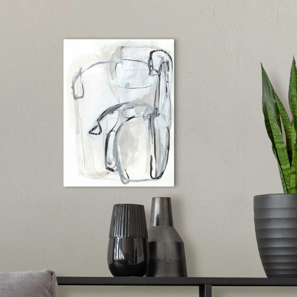 A modern room featuring Energetic, gestural brush strokes in black and gray intertwine with each other representing the t...