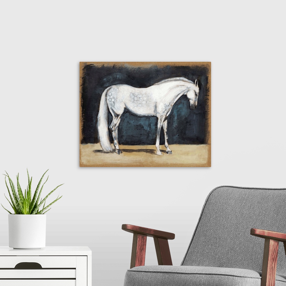 A modern room featuring Contemporary painting of a white horse against a dark background.