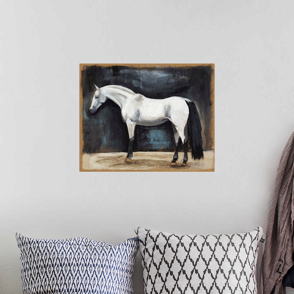 A bohemian room featuring Contemporary painting of a white horse against a dark background.