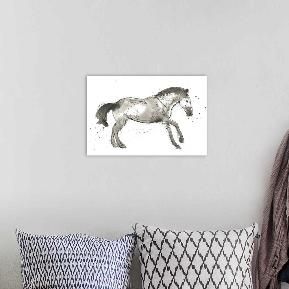 A bohemian room featuring Neutral-toned abstract horse illustration.