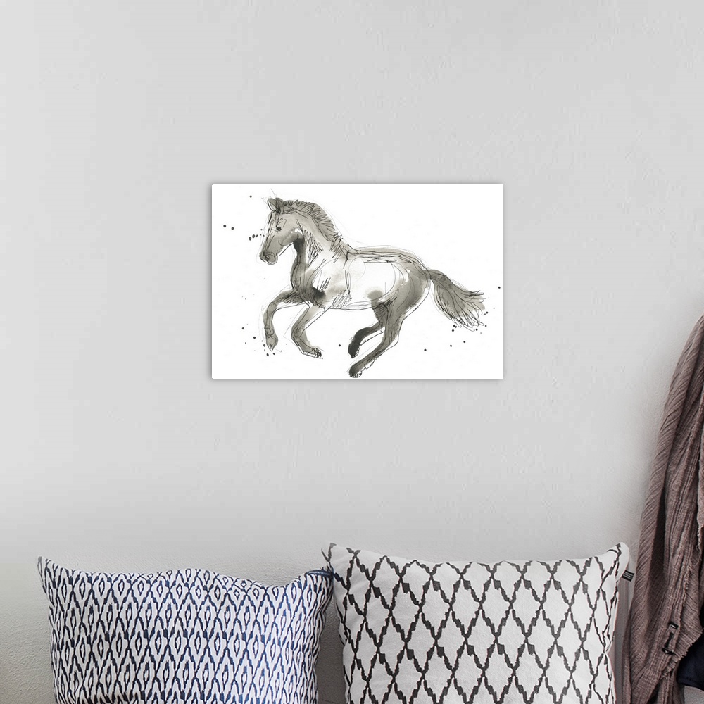 A bohemian room featuring Neutral-toned abstract horse illustration.