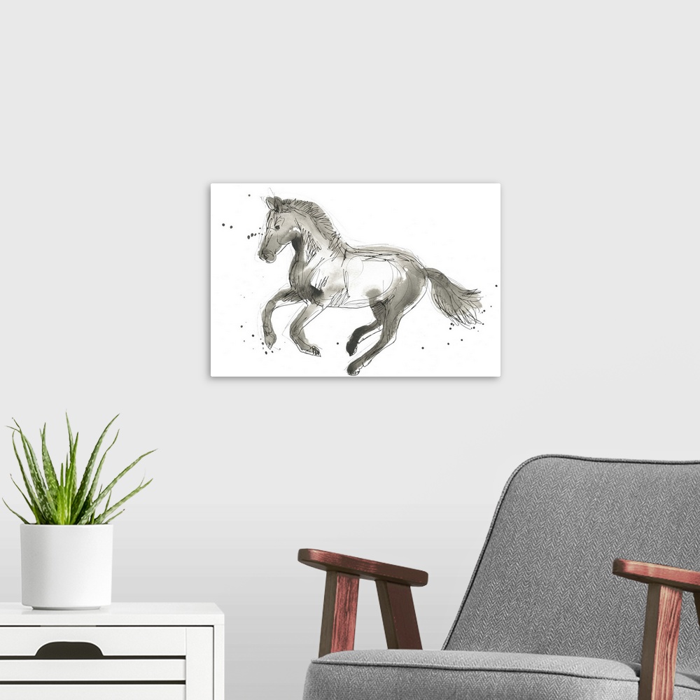 A modern room featuring Neutral-toned abstract horse illustration.