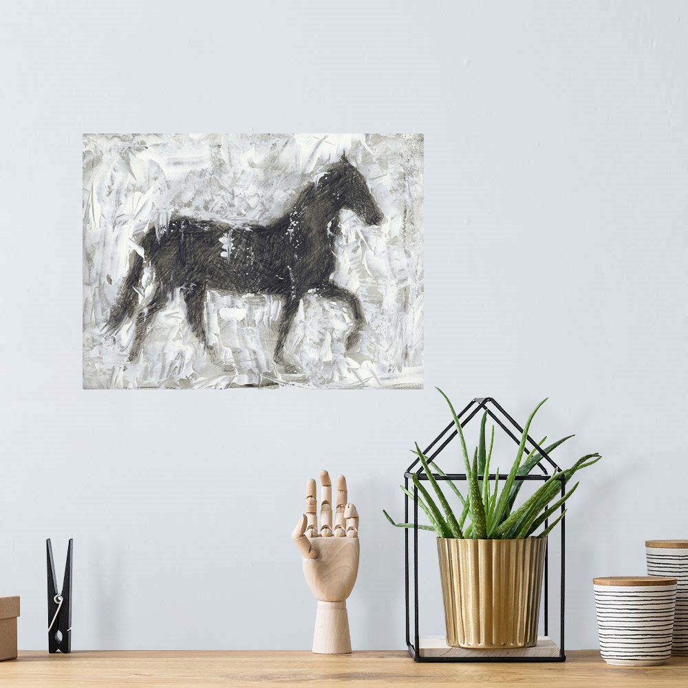 A bohemian room featuring Contemporary artwork of a horses silhouette against a white background.
