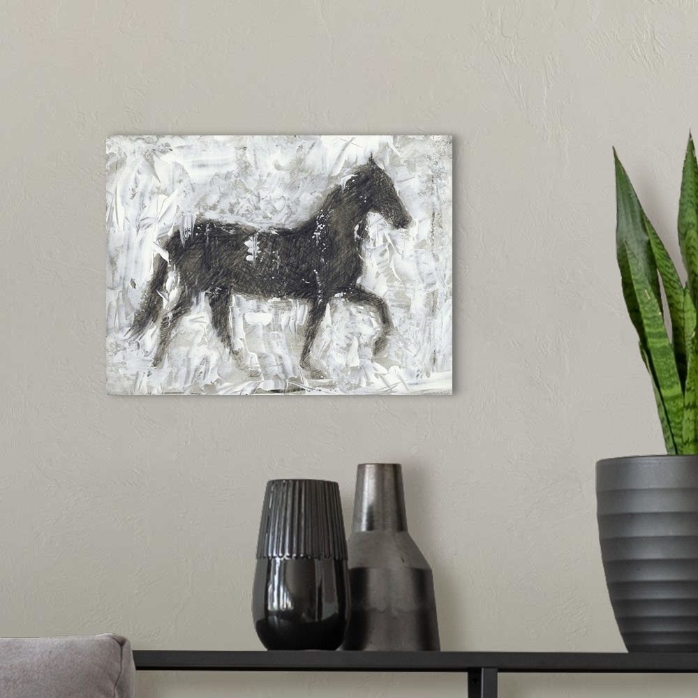 A modern room featuring Contemporary artwork of a horses silhouette against a white background.