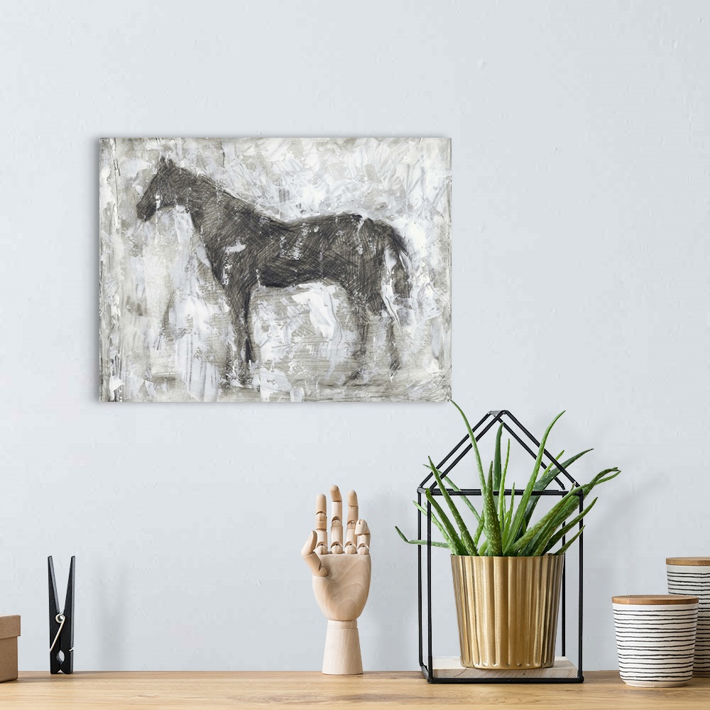 A bohemian room featuring Contemporary artwork of a horses silhouette against a white background.