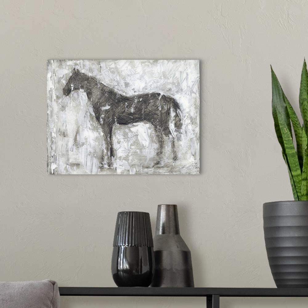 A modern room featuring Contemporary artwork of a horses silhouette against a white background.