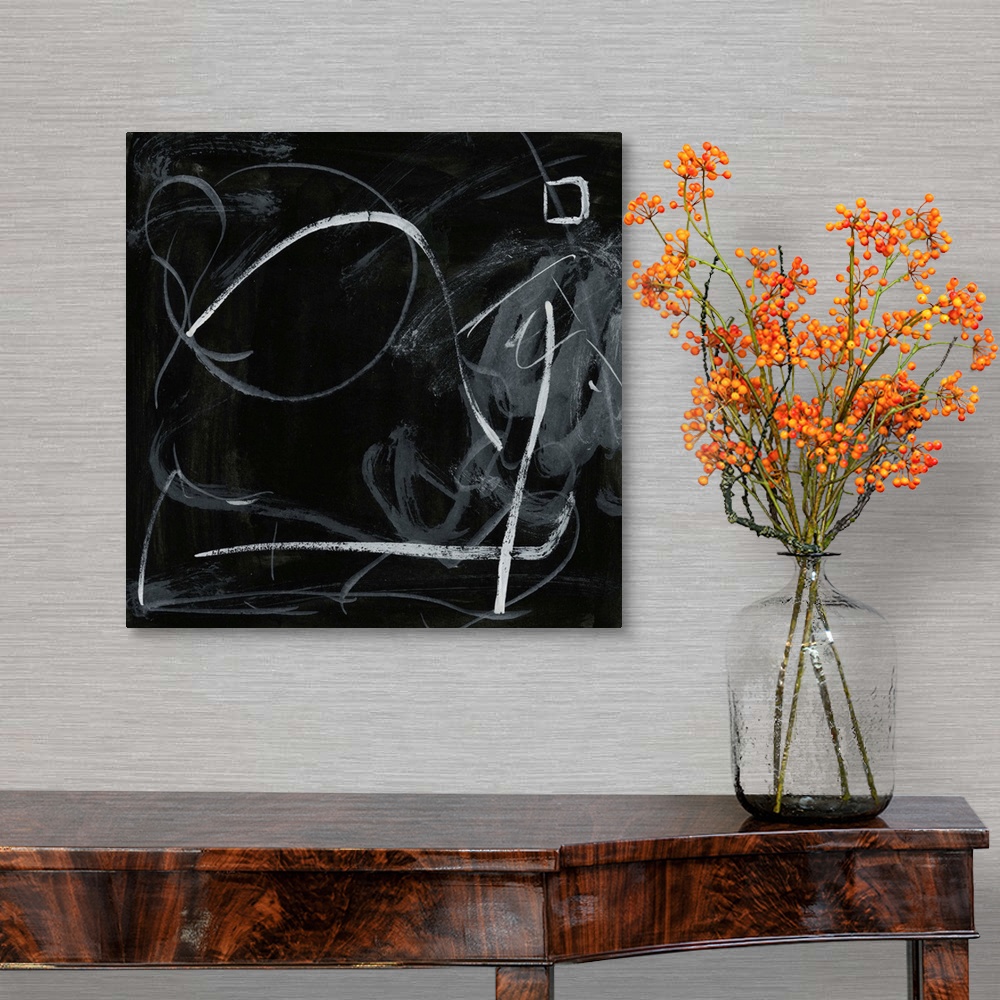 A traditional room featuring Black and white abstract painting.