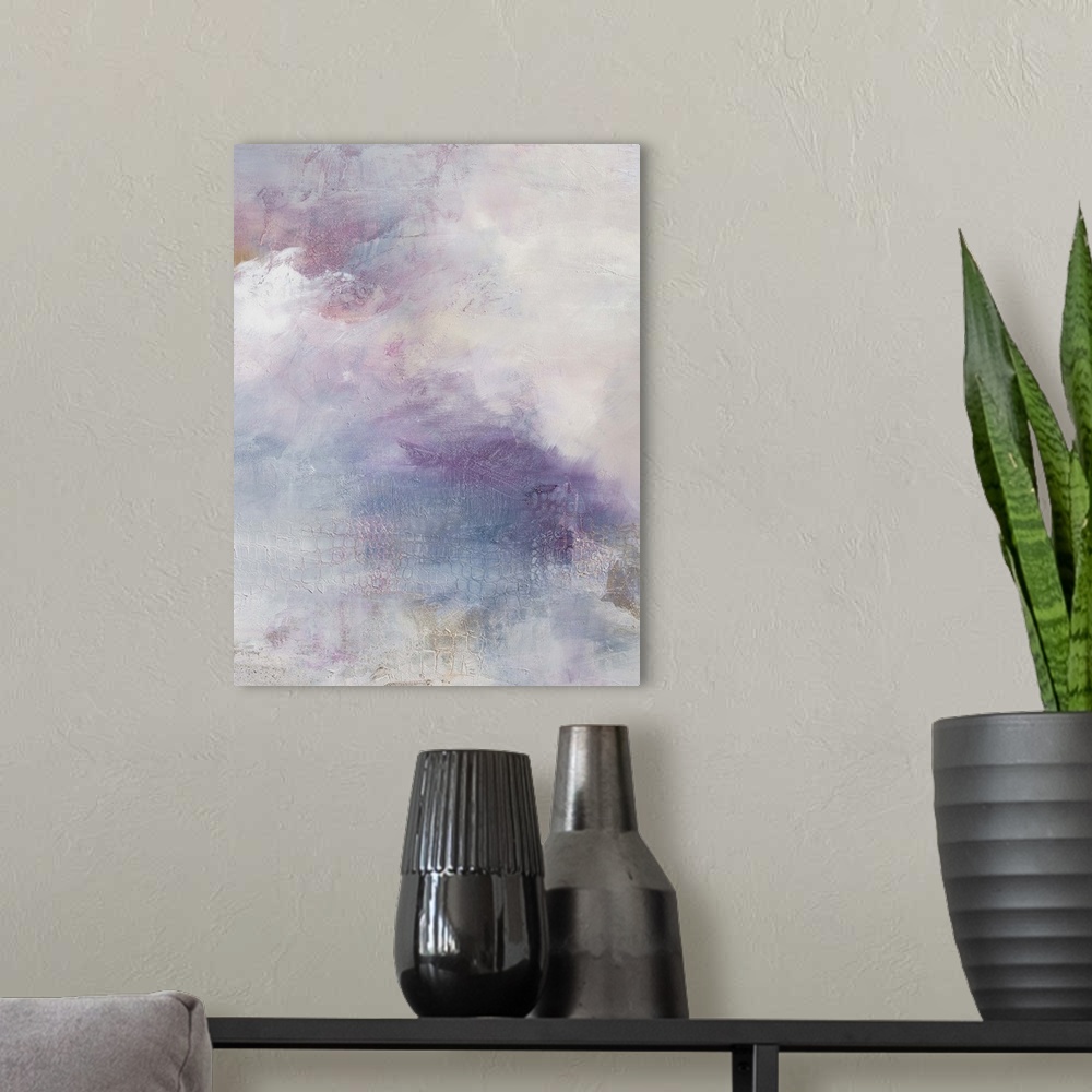 A modern room featuring Contemporary abstract artwork in pastel white and purple tones, resembling an evening sky.