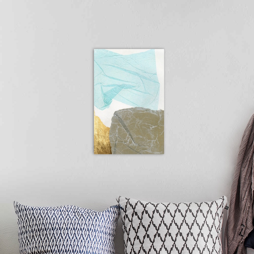 A bohemian room featuring A contemporary mixed media painting featuring layers to fine tissue paper on a white background w...