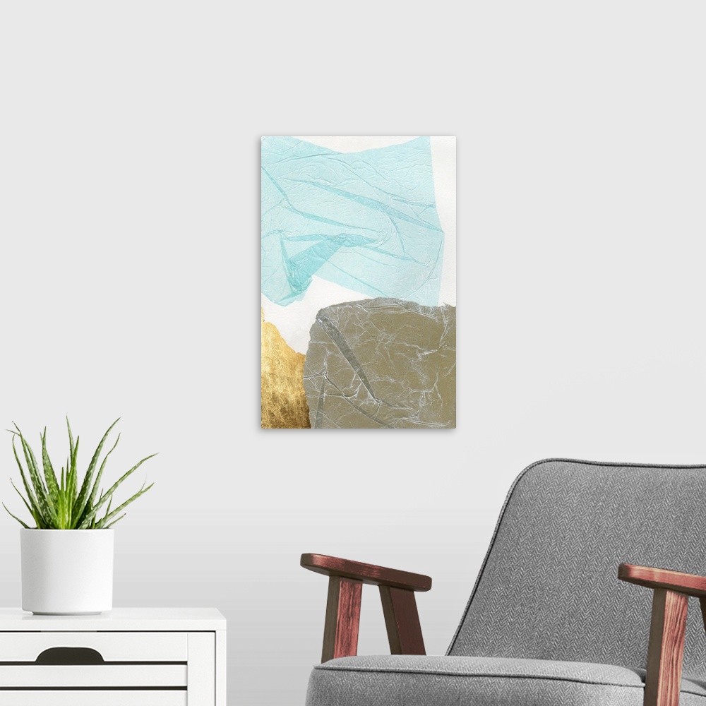 A modern room featuring A contemporary mixed media painting featuring layers to fine tissue paper on a white background w...