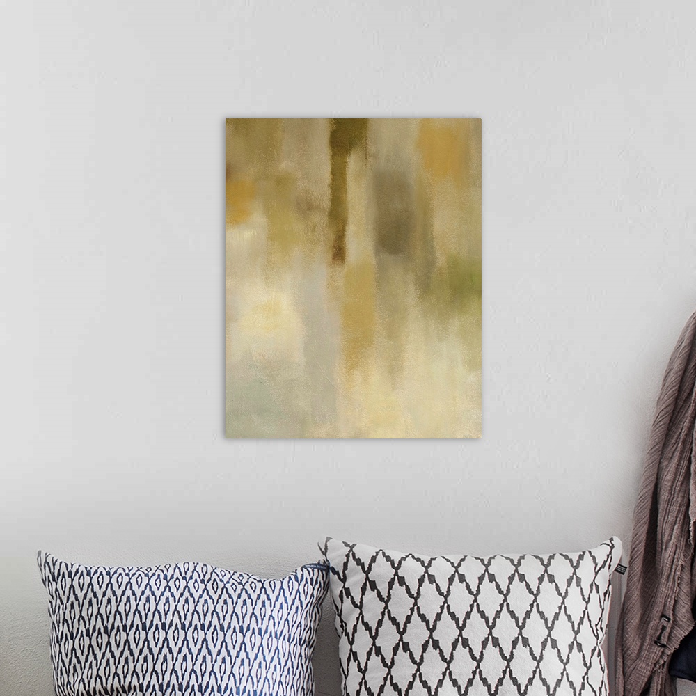 A bohemian room featuring Big abstract painting on canvas of various neutral tones.