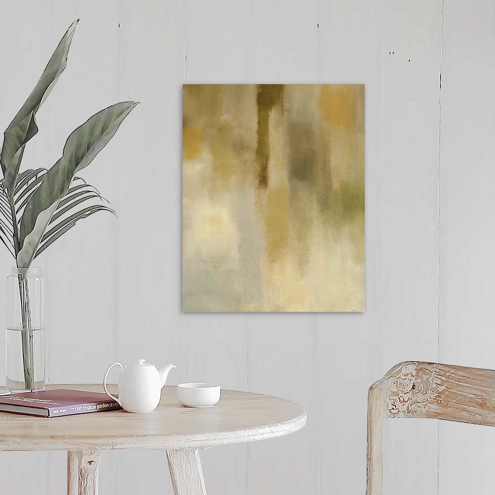 A farmhouse room featuring Big abstract painting on canvas of various neutral tones.