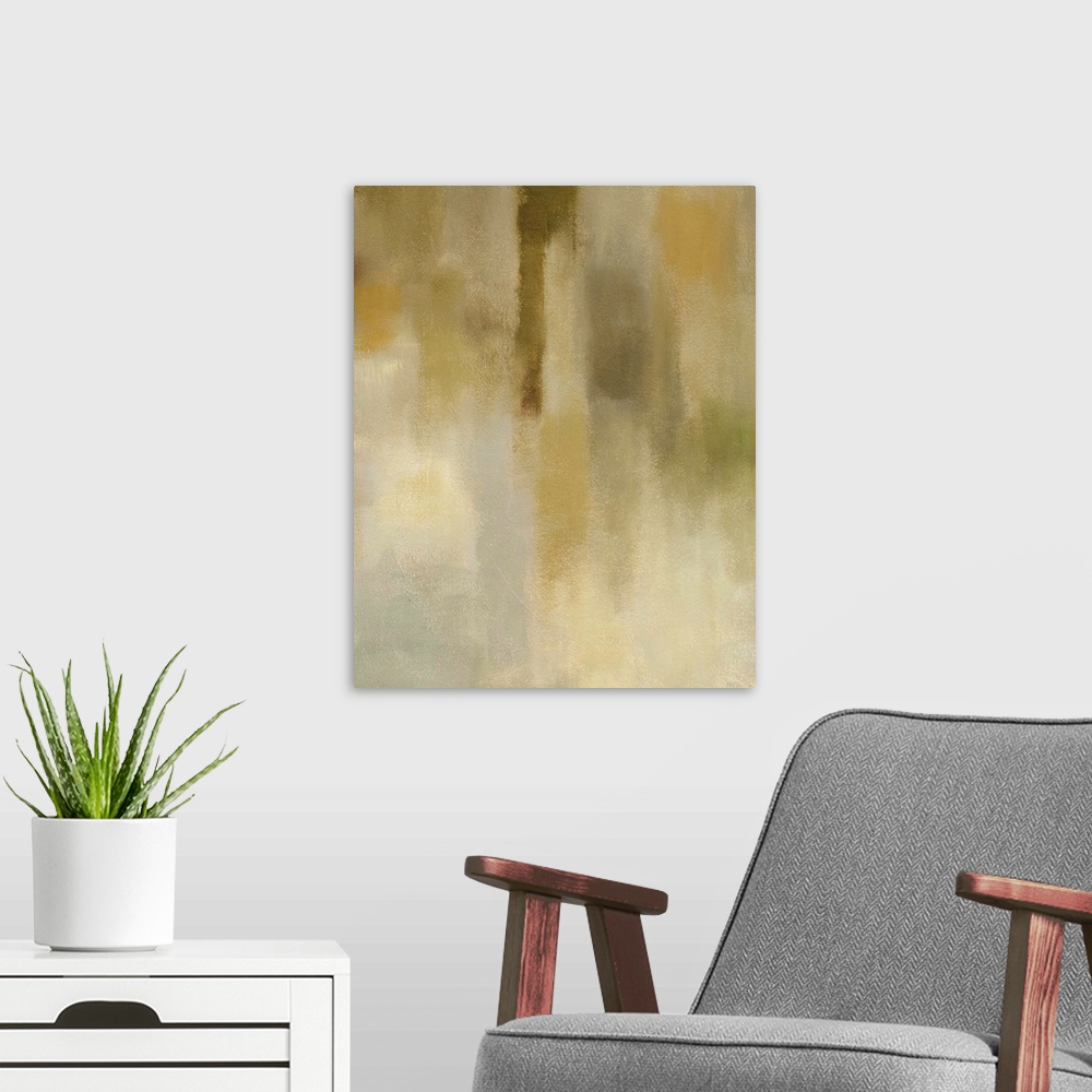 A modern room featuring Big abstract painting on canvas of various neutral tones.