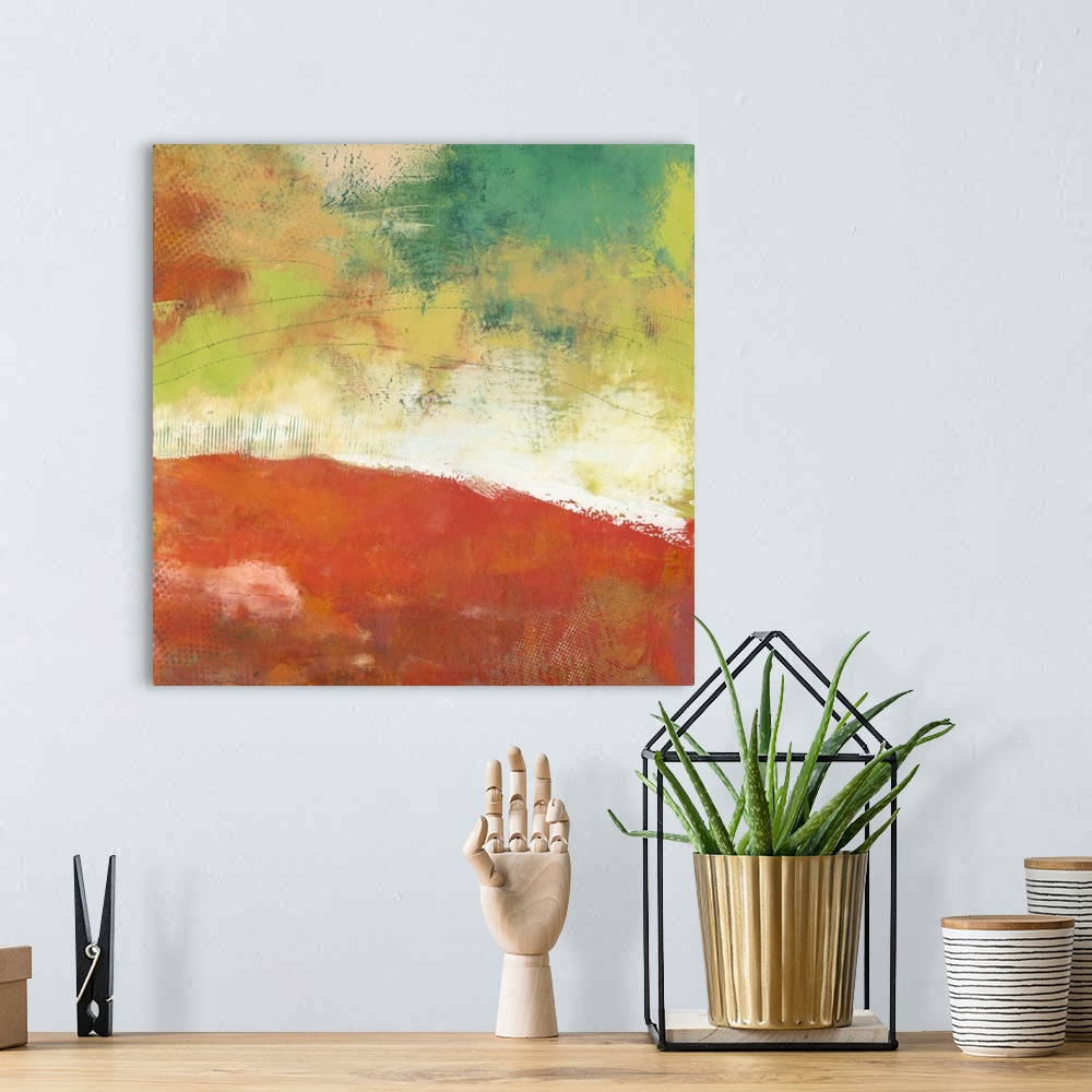 A bohemian room featuring Square abstract artwork made with vibrant colors.