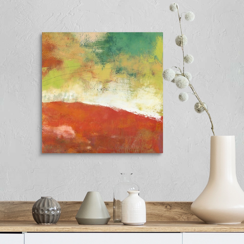 A farmhouse room featuring Square abstract artwork made with vibrant colors.