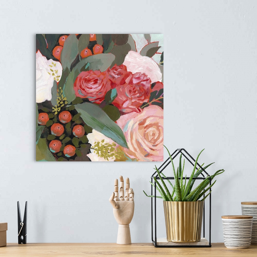 A bohemian room featuring This whimsical artwork features an abundance of flowers in romantic hues of red, pink and white t...