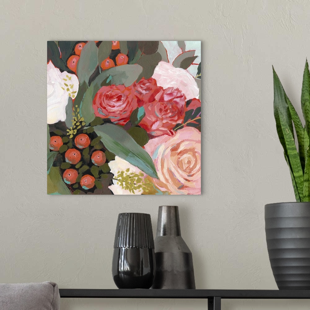 A modern room featuring This whimsical artwork features an abundance of flowers in romantic hues of red, pink and white t...