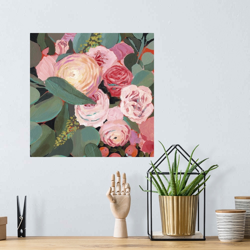 A bohemian room featuring This whimsical artwork features an abundance of flowers in romantic hues of red and pink that dra...