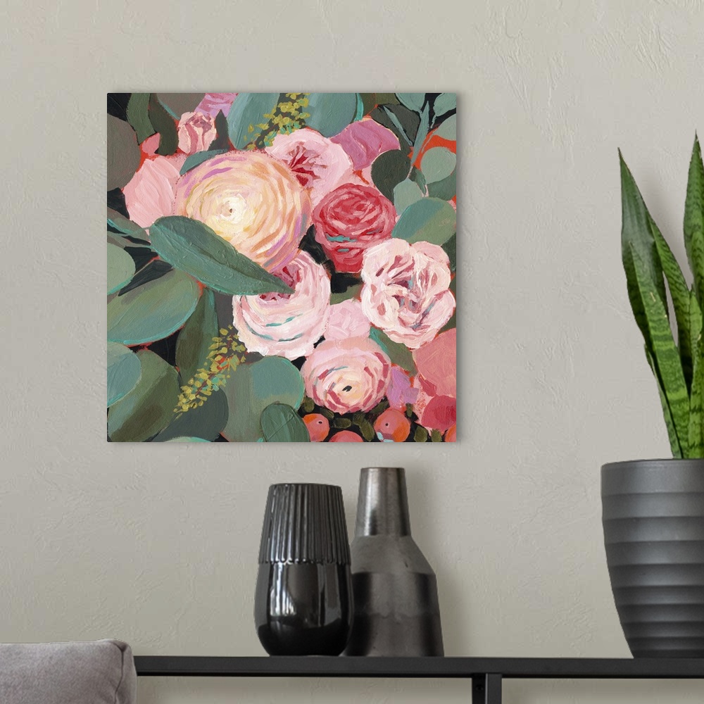 A modern room featuring This whimsical artwork features an abundance of flowers in romantic hues of red and pink that dra...