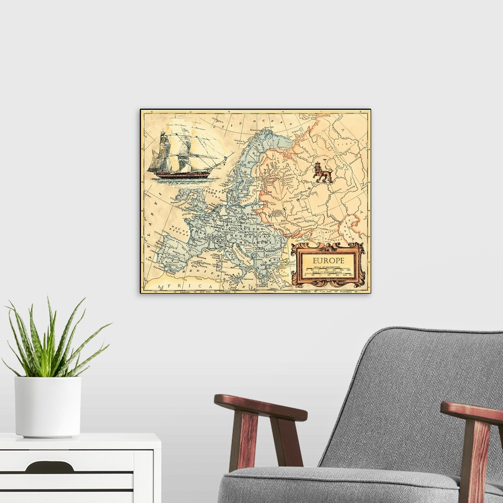 A modern room featuring Europe Map
