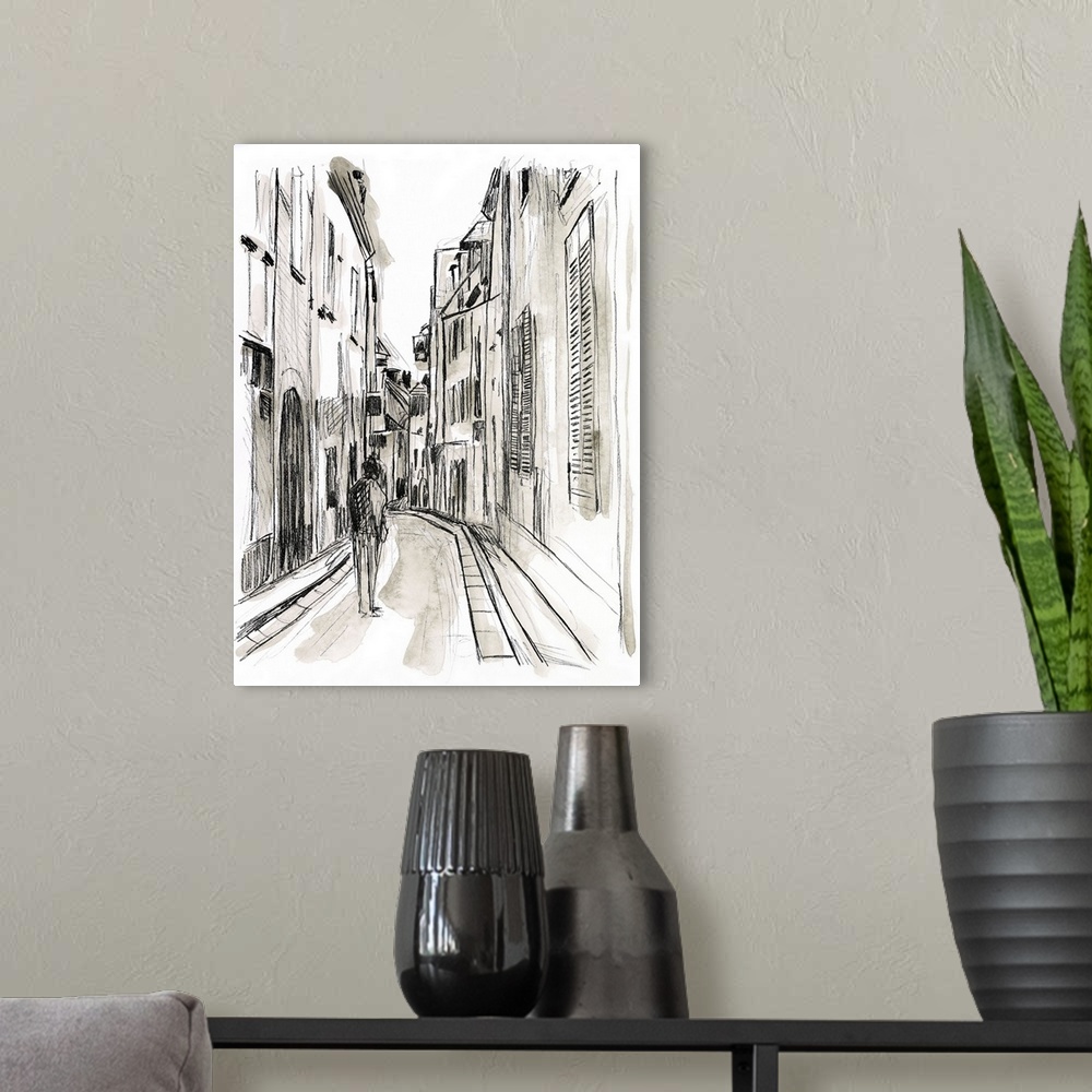 A modern room featuring Europe Street Sketches IV
