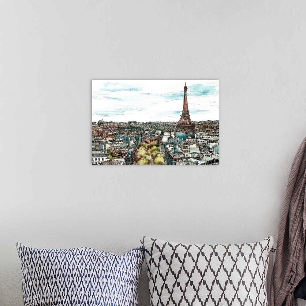 A bohemian room featuring Contemporary sketch with filled in color of a cityscape in Paris, France with the Eiffel Tower to...