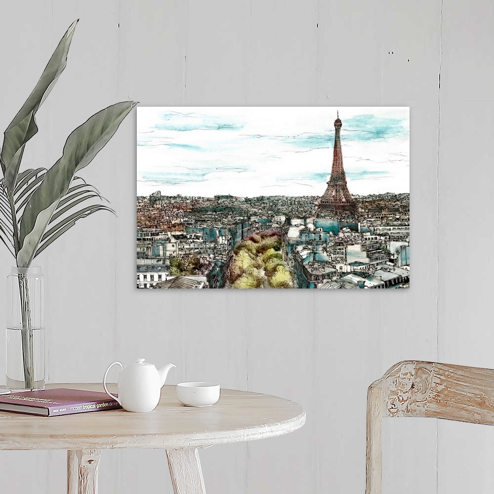 A farmhouse room featuring Contemporary sketch with filled in color of a cityscape in Paris, France with the Eiffel Tower to...