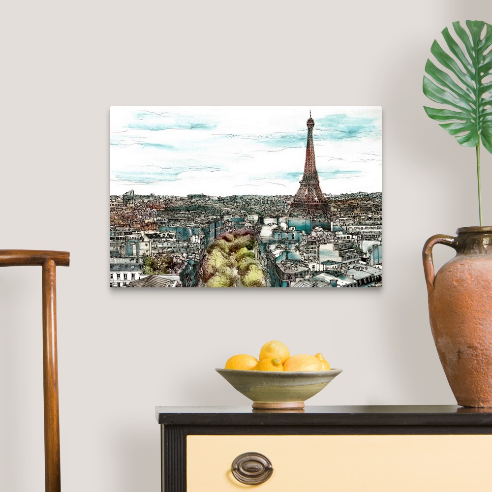 A traditional room featuring Contemporary sketch with filled in color of a cityscape in Paris, France with the Eiffel Tower to...