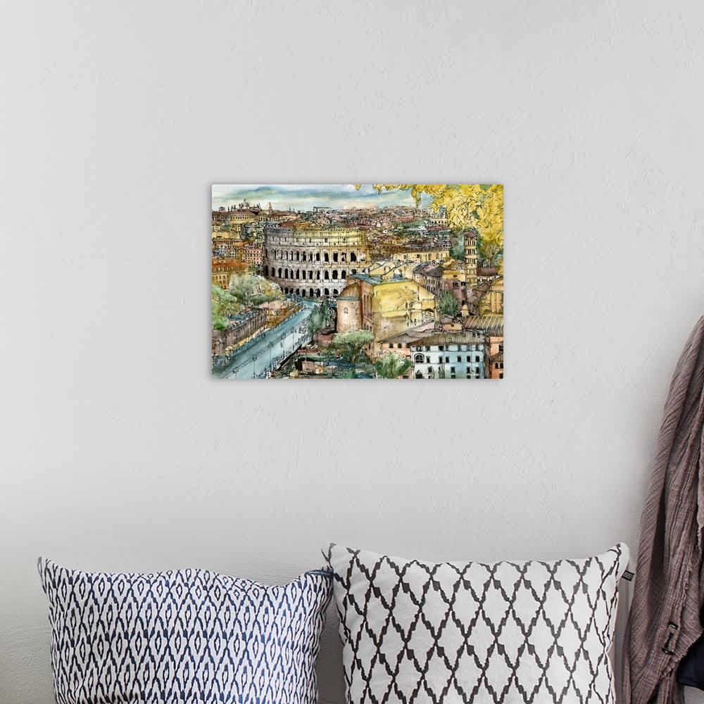 A bohemian room featuring Contemporary sketch with filled in color of a Rome, Italy cityscape with the Colosseum prominentl...