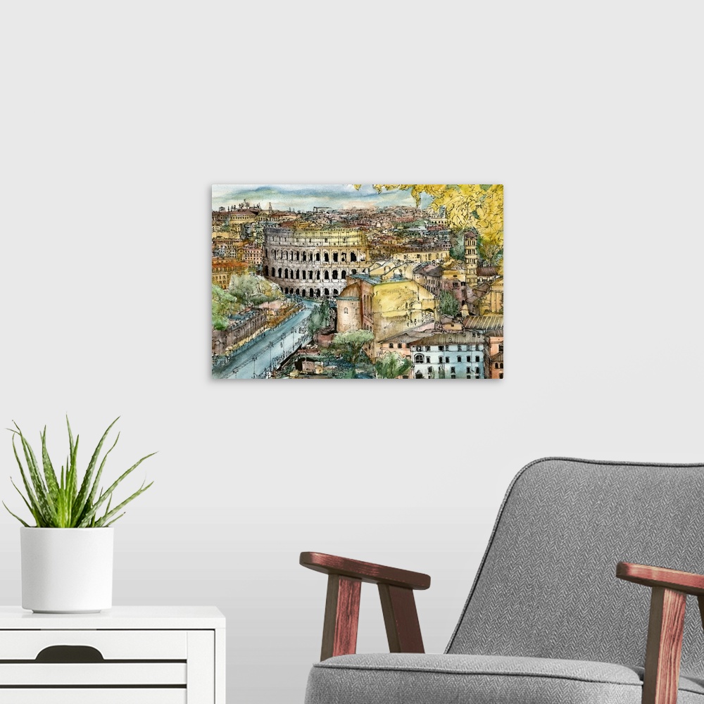 A modern room featuring Contemporary sketch with filled in color of a Rome, Italy cityscape with the Colosseum prominentl...