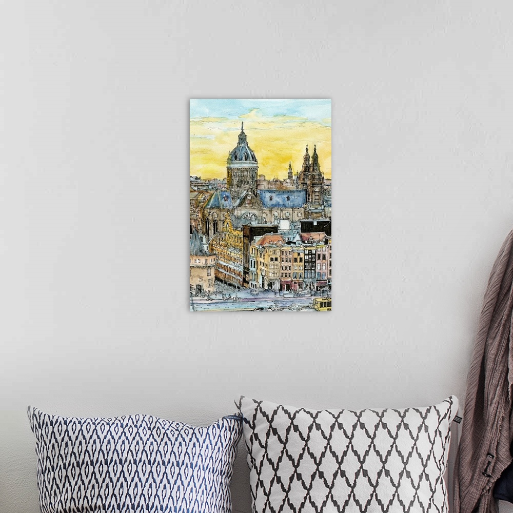 A bohemian room featuring Sketch filled in with color of a European cityscape at sunset.