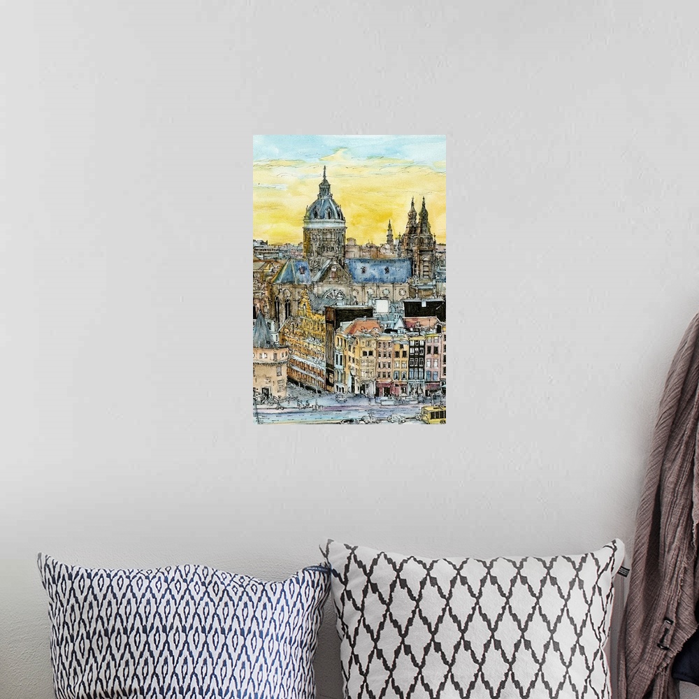 A bohemian room featuring Sketch filled in with color of a European cityscape at sunset.