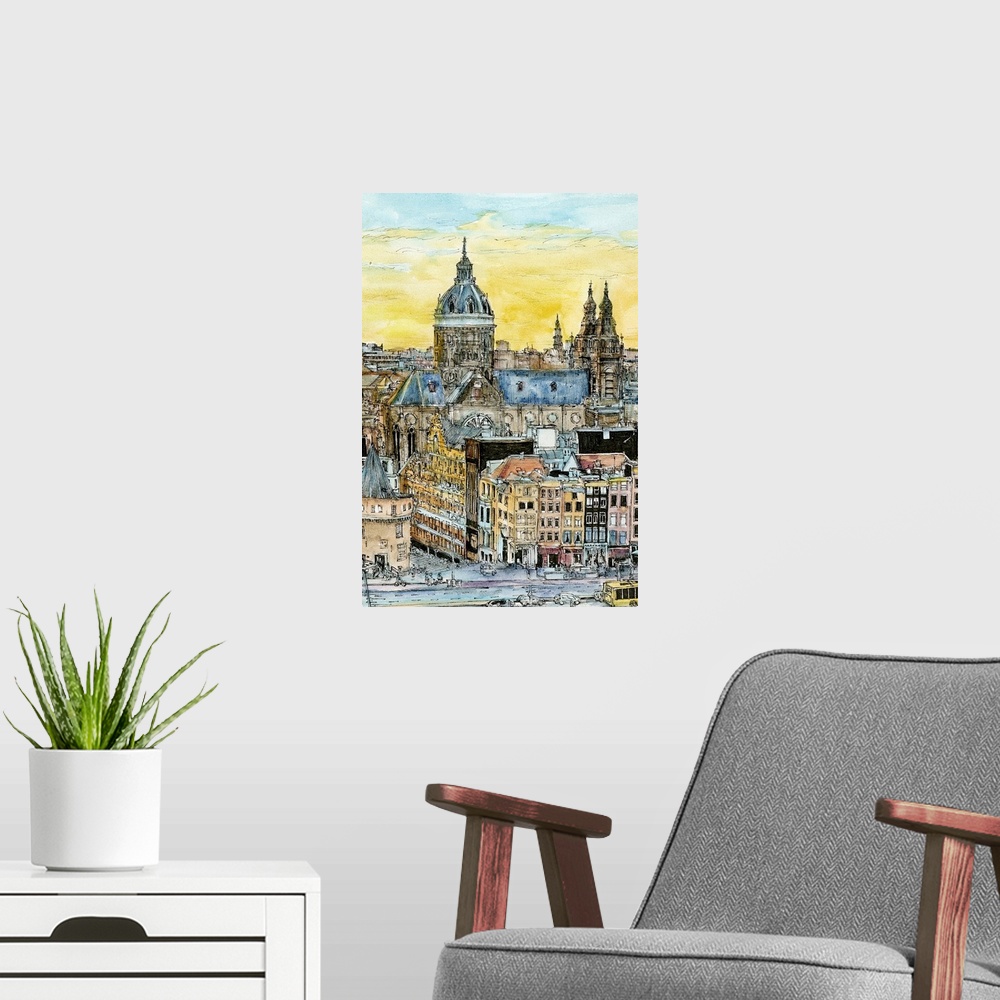 A modern room featuring Sketch filled in with color of a European cityscape at sunset.