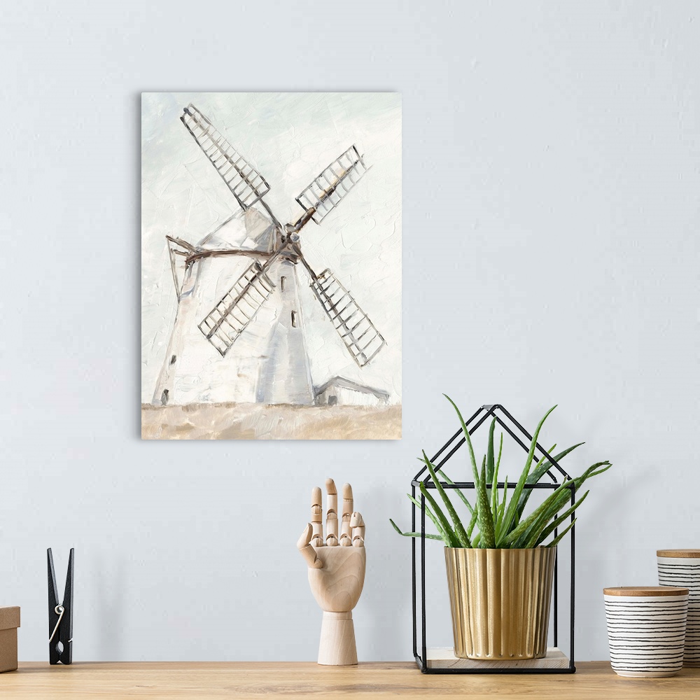 A bohemian room featuring A painting of a windmill in a simple, neutral rustic style. Would be a perfect fit in a cottage o...