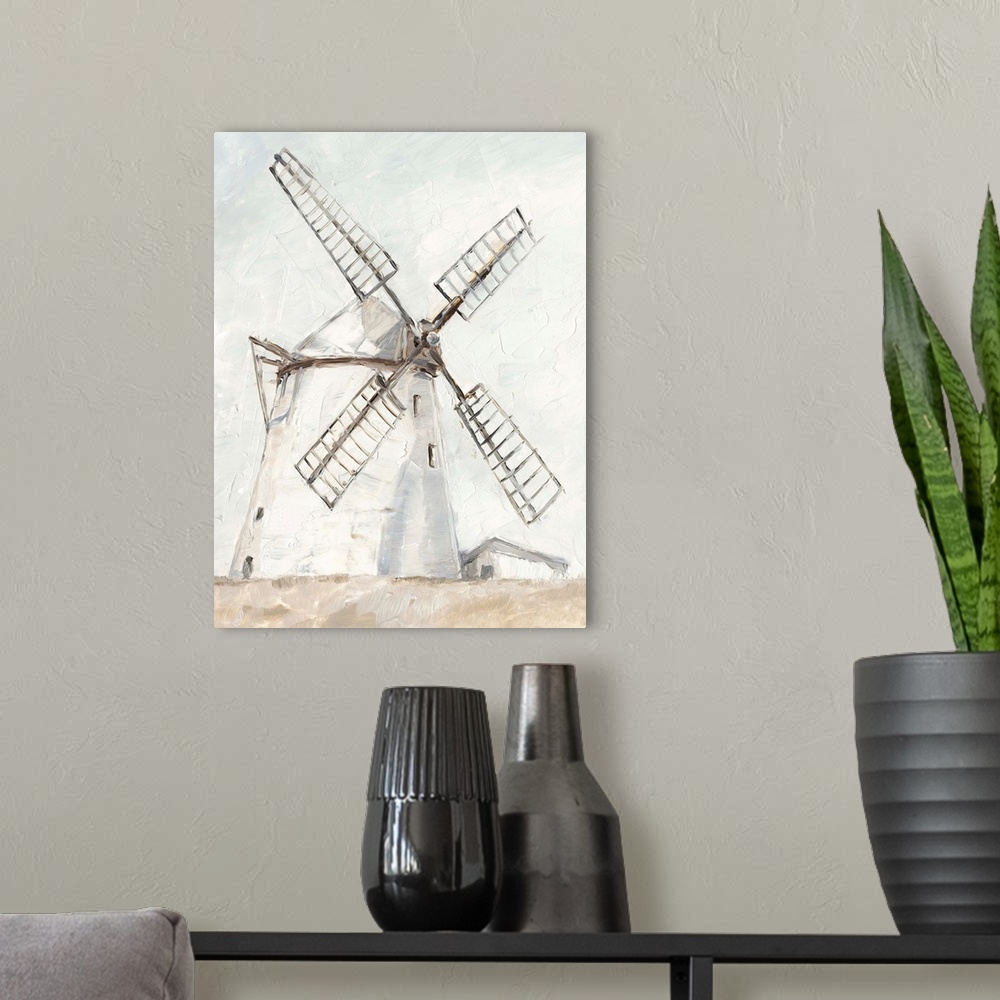 A modern room featuring A painting of a windmill in a simple, neutral rustic style. Would be a perfect fit in a cottage o...