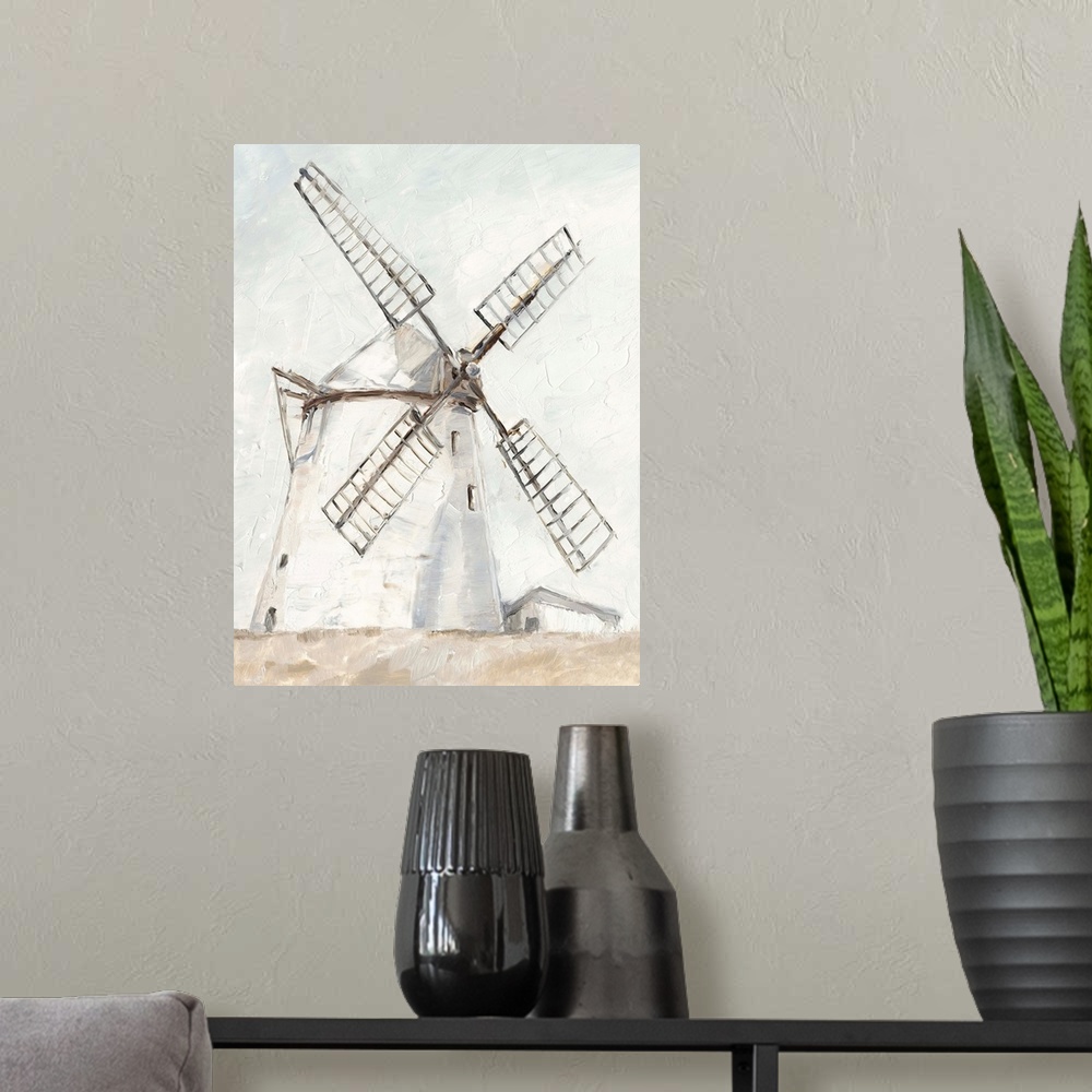 A modern room featuring A painting of a windmill in a simple, neutral rustic style. Would be a perfect fit in a cottage o...